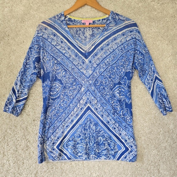 Lilly Pulitzer Tunic Top Womens Size XS/S Blue Linen‎ 3/4 Sleeve Cover Up Beach - Picture 1 of 13